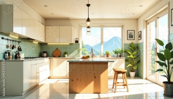 Fototapeta Bright modern kitchen featuring white cabinets, light green tiles, large window, natural light. Concept of open interior embodies scandinavian house style trends, highlighting simplicity.
