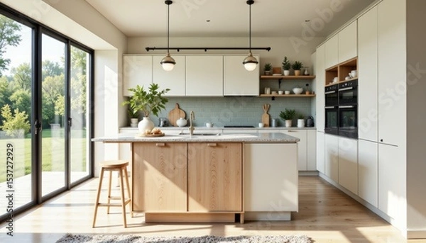 Fototapeta Modern minimalist kitchen featuring large island, white cabinets, wooden countertop, natural light. Concept of Scandinavian house style trends focusing on simplicity and elegance.