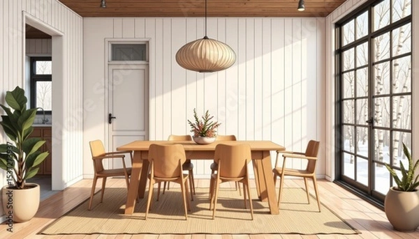 Fototapeta Bright dining room with wooden table, chairs, potted plant, large window. Concept of modern interior reflects scandinavian house style trends, emphasizing simplicity and natural beauty.