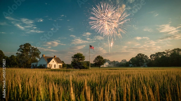 Obraz Fireworks bursting over a cornfield with a farmhouse and American flag in the distance.