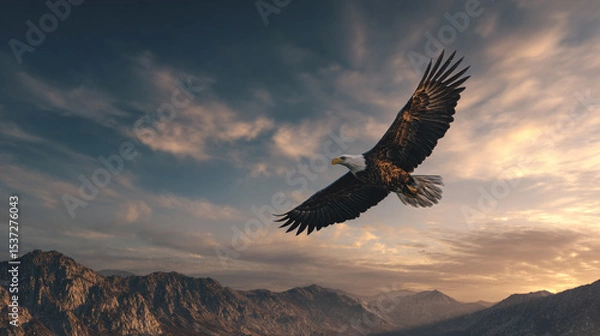 Obraz American eagle in mid-flight, clutching a small U.S. flag in its talons, flying past mountain peaks under dramatic sunset skies.