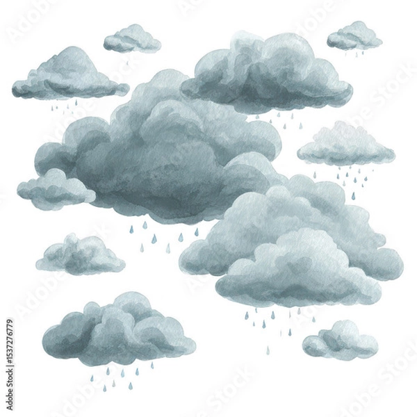 Fototapeta Rainy clouds with water drops falling, soft gray and blue tones, watercolor style, conveying calm and moody atmosphere with gentle rain showers