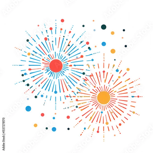 Fototapeta Fireworks burst with colorful red, blue, and yellow rays and dots creating festive and vibrant night celebration graphic element