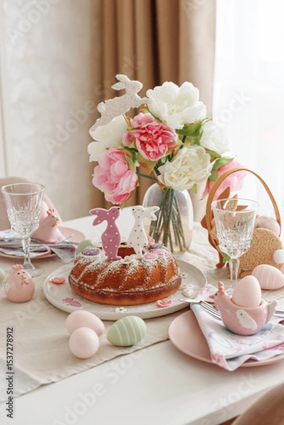 Obraz Table setting with traditional easter cakes with icing decorated with gingerbread cookies in shape of rabbits on white wooden table