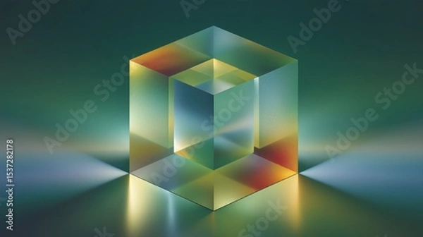 Obraz Glass Textured Cube with Light Refractions in Yellow, Green, and Blue Tones

