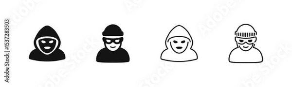 Obraz Thief and hacker icons in hood and mask, flat and outline styles.
Crime and cyber security symbols for danger themes