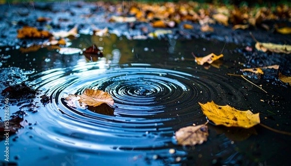 Obraz Autumn Leaves Floating on Water with Raindrop Ripples in a Puddle