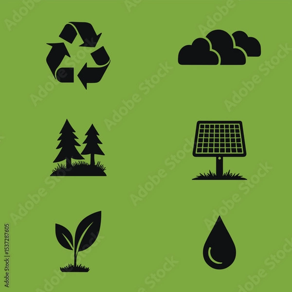 Fototapeta Eco-Friendly Icons Set with Recycling, Solar Panel, Cloud, Tree, Leaf, and Water Drop Symbols