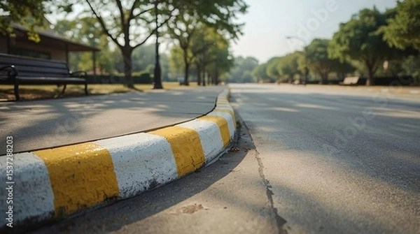Obraz Red and white curb, No parking zone, Raised curb, Curved view, Highway, Diagonal road, Wide road, Lane divider, Parking lot, Sidewalk, Pavement, Waiting area, Traffic, Practice parking, Driver's licen