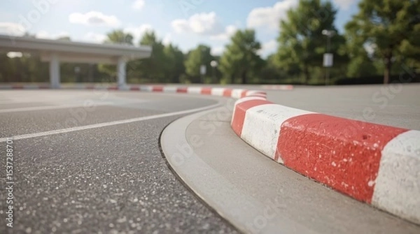Obraz Red and white curb, No parking zone, Raised curb, Curved view, Highway, Diagonal road, Wide road, Lane divider, Parking lot, Sidewalk, Pavement, Waiting area, Traffic, Practice parking, Driver's licen