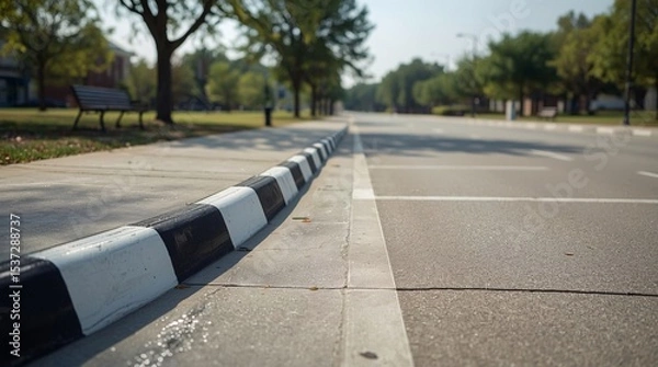 Fototapeta Red and white curb, No parking zone, Raised curb, Curved view, Highway, Diagonal road, Wide road, Lane divider, Parking lot, Sidewalk, Pavement, Waiting area, Traffic, Practice parking, Driver's licen
