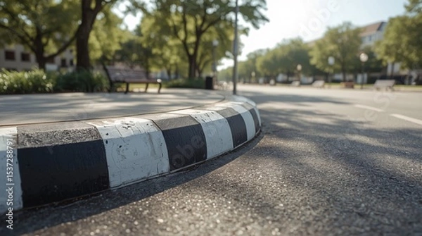 Obraz Red and white curb, No parking zone, Raised curb, Curved view, Highway, Diagonal road, Wide road, Lane divider, Parking lot, Sidewalk, Pavement, Waiting area, Traffic, Practice parking, Driver's licen