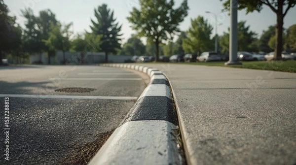 Obraz Red and white curb, No parking zone, Raised curb, Curved view, Highway, Diagonal road, Wide road, Lane divider, Parking lot, Sidewalk, Pavement, Waiting area, Traffic, Practice parking, Driver's licen