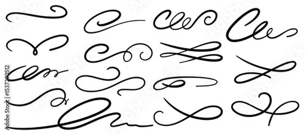 Fototapeta Flourish calligraphy swirl set in line art style. Elegant dividers, underlines, scrolls and accents for wedding fonts, vintage labels or decorative designs. Vector illustration.