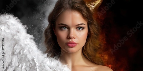Fototapeta split screen photo of a woman divided in half. on the left she is an angel in heaven with feathered wings. on the right she is devil in hell with horn 