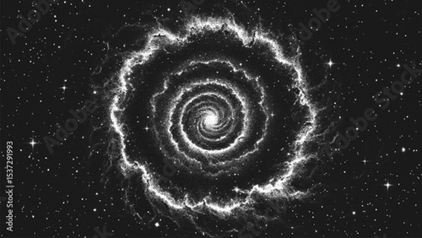 Obraz Cosmic supernova explosion forming a new galaxy in deep space with swirling dust and gas clouds forming a spiral nebula. Starburst nebula in stippling style. Dotwork. Pointillism. Dots shading. Vector