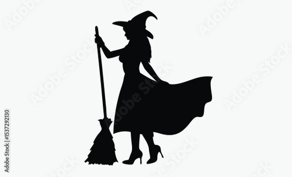 Obraz witch silhouette icon, halloween broom vector, spooky witch hat design