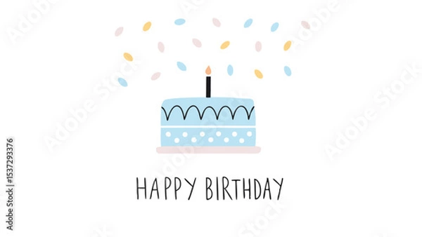 Fototapeta Illustration of a two tiered light blue birthday cake with a candle and confetti on a white background