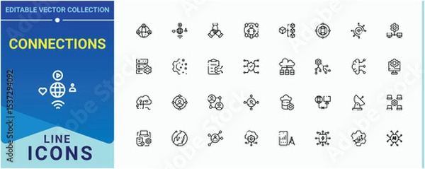 Fototapeta Connections icon set. Contain linear sign connect, net, network, internet. Networking vector line icon set. Modern vector UI icons. Pixel perfect. Editable stroke.