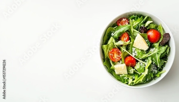Fototapeta A bowl of fresh salad with vegetables and Parmesan cheese on a white background, in a flat lay arrangement. Space for text or product presentation concept. Top view, copy space banner template, 