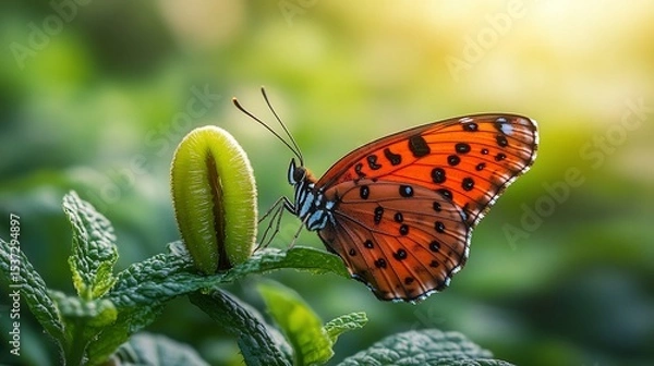 Obraz Vibrant butterfly resting on a new leaf bud in a lush natural setting
