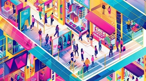 Obraz Vibrant, bustling shopping mall, isometric view, diverse shoppers, colorful stores