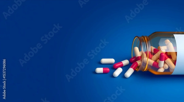 Obraz flask of medicine pills, capsule spilling out of the bottle. On Blue background