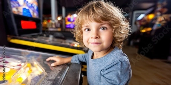 Obraz dynamic angle photo of happy kid playing pinball machine 