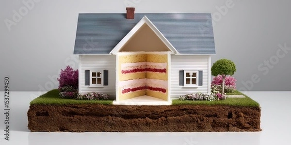 Obraz photo of a house with a slice cut out. Inside it is cake