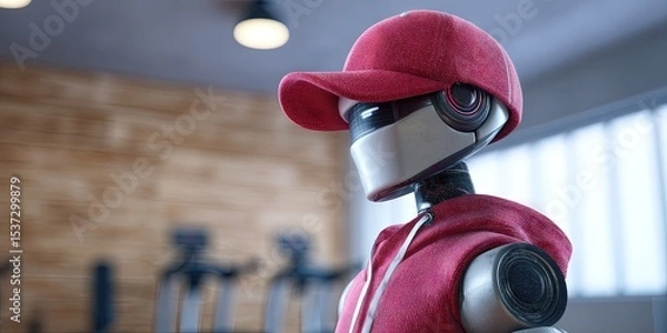 Obraz photo of ai robot dressed as coach in gym, dynamic angle