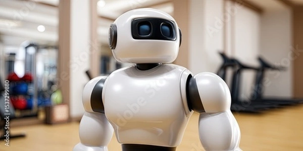 Obraz photo of ai robot dressed as coach in gym, dynamic angle