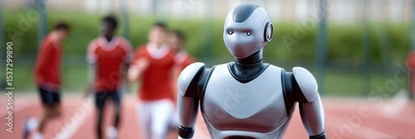 Obraz A humanoid AI robot competes with human athletes in physical fitness. Sports and technology concept