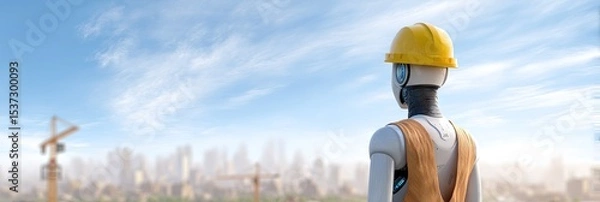 Obraz photo of ai robot dressed as construction worker. overlooking construction site 