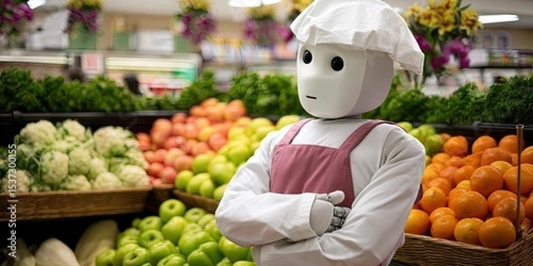 Obraz photo of ai robot dressed as grocer standing in grocery produce section 