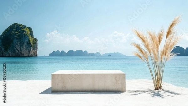 Fototapeta A modern and minimalist podium with tropical plants on the sides, set against an ocean backdrop. The background features the clear blue waters of Phuket's beach, surrounded by distant islands. 