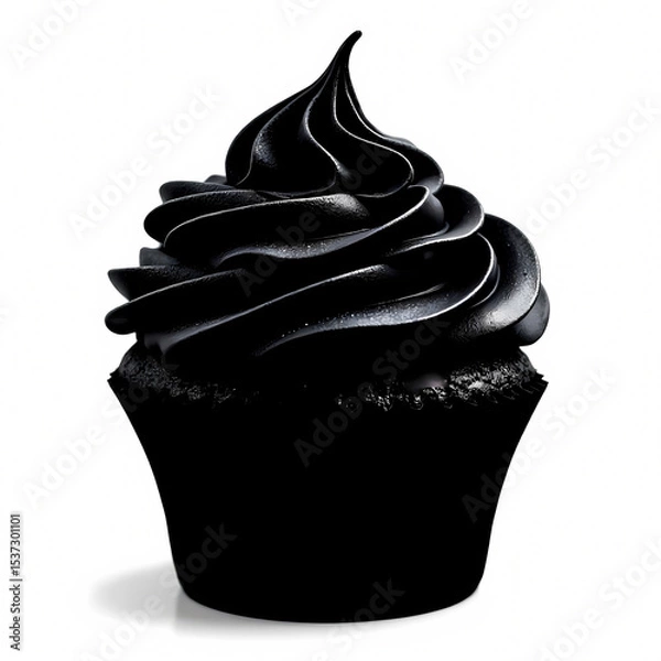 Fototapeta Black Delight: A single, elegant cupcake, its dark frosting swirls in a swirl of mystery, perched delicately as a symbol of indulgence and confectionary charm.