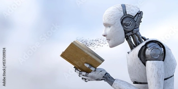 Obraz photo of ai robot eating a book, dynamic angle 
