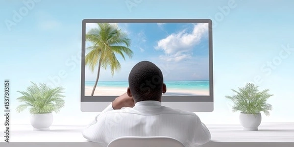 Obraz photo of bored employee sitting in office computer with tropical beach on computer monitor
