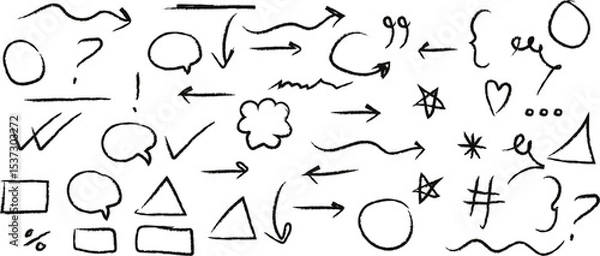 Fototapeta abstract hand drawn brush stroke arrow, underline, circle star, check mark, heart, scribble texture vector illustration.