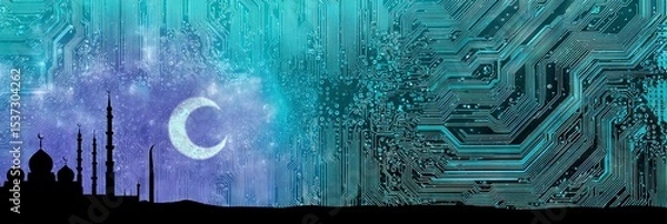 Obraz photo of eid al-fitr, isolated on circuitry background, copy space