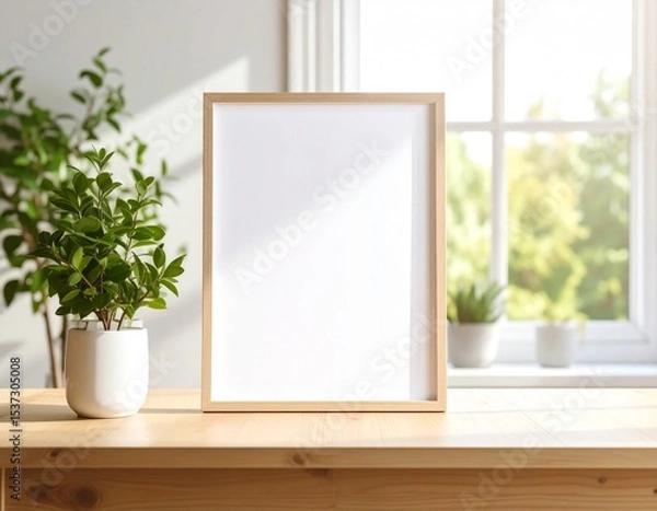 Fototapeta Scandinavian A4 Frame Mockup on Wooden Desk