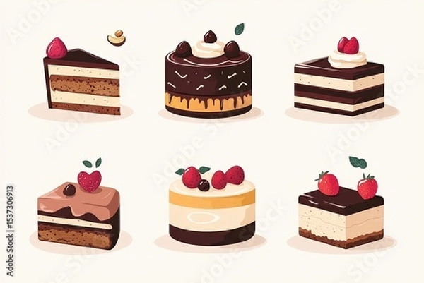 Obraz Flat illustration of assorted layered cakes with chocolate, cream, berries and nuts in various shapes on a light background