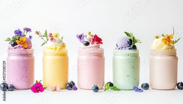 Fototapeta A set of pastel-colored smoothie jars, each filled with colorful ice cream and decorated with fresh flowers or blueberries on top, arranged in an elegant line against a white background