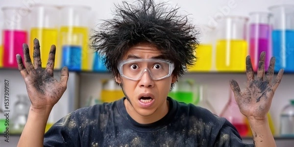 Obraz photo of shocked asian american kid after a science lab exploded, the kid's hair is out like he was shocked and burned. he is covered in black soot and has safety goggles, in science lab filled with c