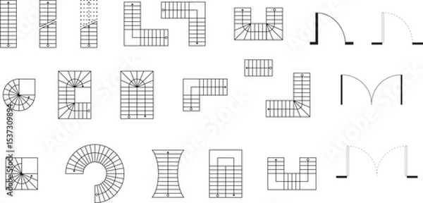 Fototapeta Type of stairs and type of doors, architectural elements for the floor plan, blueprint, customizable stroke, vector, illustration