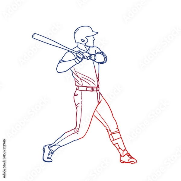 Fototapeta Baseball player swinging a bat in motion with linear outline design  on transparent background