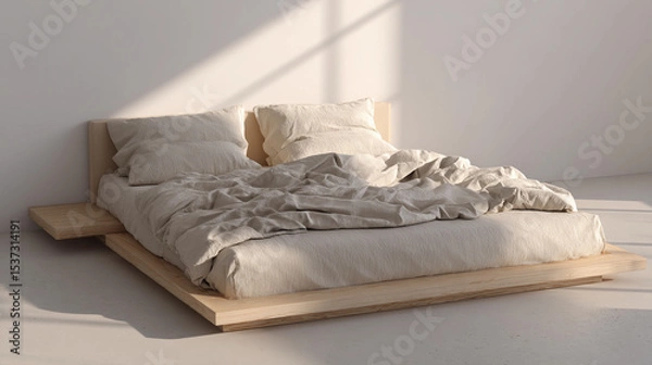 Obraz Modern bed design with neutral bedding in minimalist room