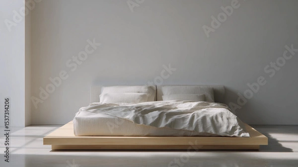 Obraz Bright minimalist bedroom with wooden bed and soft linens