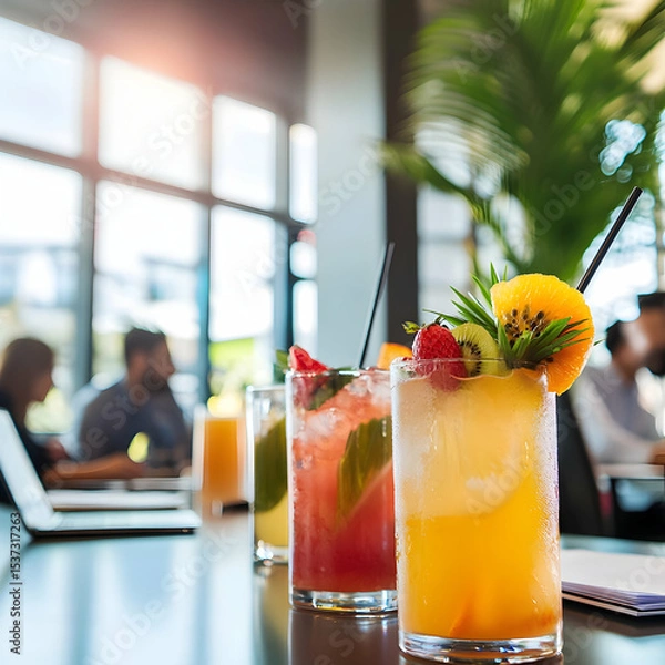 Fototapeta Vibrant summer cocktails garnished with tropical fruits on a table in a business room, with blurred coworkers brainstorming and planning in the background, blending refreshment and professionalism.