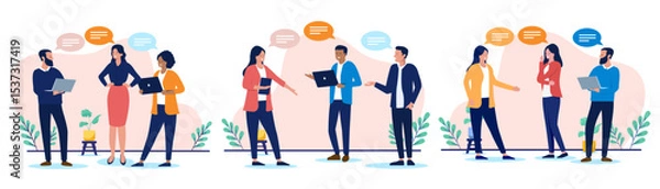 Obraz Businesspeople talking collection -  Diverse groups of professional people communicating and interacting, with speech bubbles representing various conversations and discussions. Flat design vector